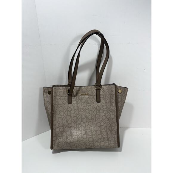 Calvin Klein Monogram Tote Bag CK with Leather Straps Gray Purse - Picture 1 of 11